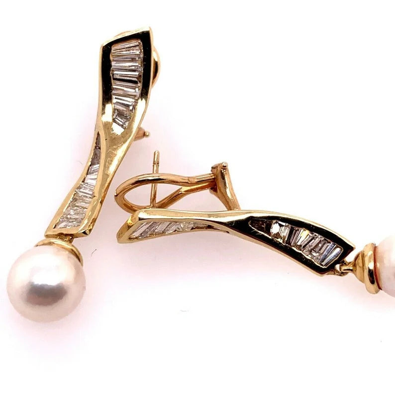 Retro Gold Earrings 1.50 Carat Natural Baguette Diamond & Pearl Circa 1970