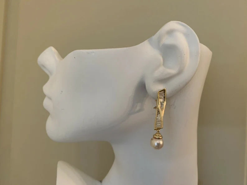 Retro Gold Earrings 1.50 Carat Natural Baguette Diamond & Pearl Circa 1970
