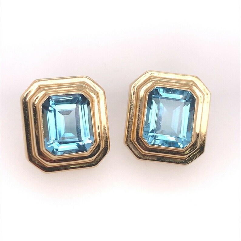 Retro 12 Carat Gold Natural Emerald Cut Blue Topaz Gem Stone Earrings Circa 1970