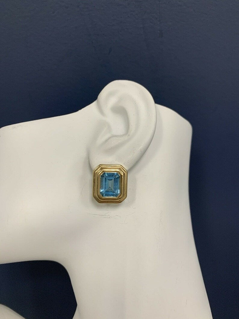 Retro 12 Carat Gold Natural Emerald Cut Blue Topaz Gem Stone Earrings Circa 1970