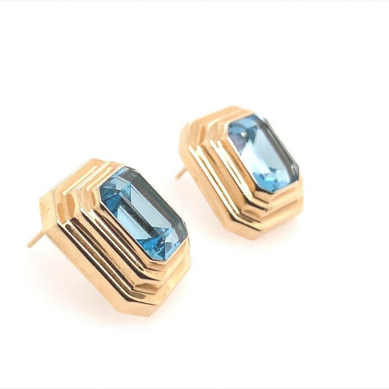 Retro 12 Carat Gold Natural Emerald Cut Blue Topaz Gem Stone Earrings Circa 1970