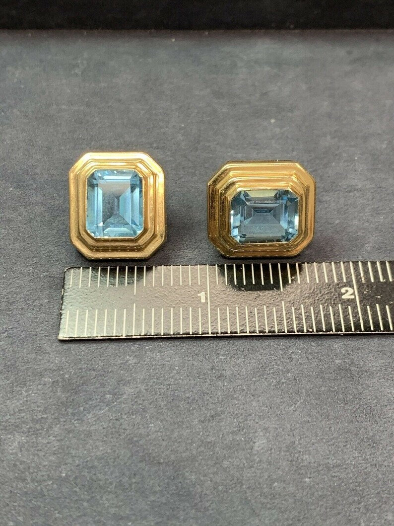 Retro 12 Carat Gold Natural Emerald Cut Blue Topaz Gem Stone Earrings Circa 1970