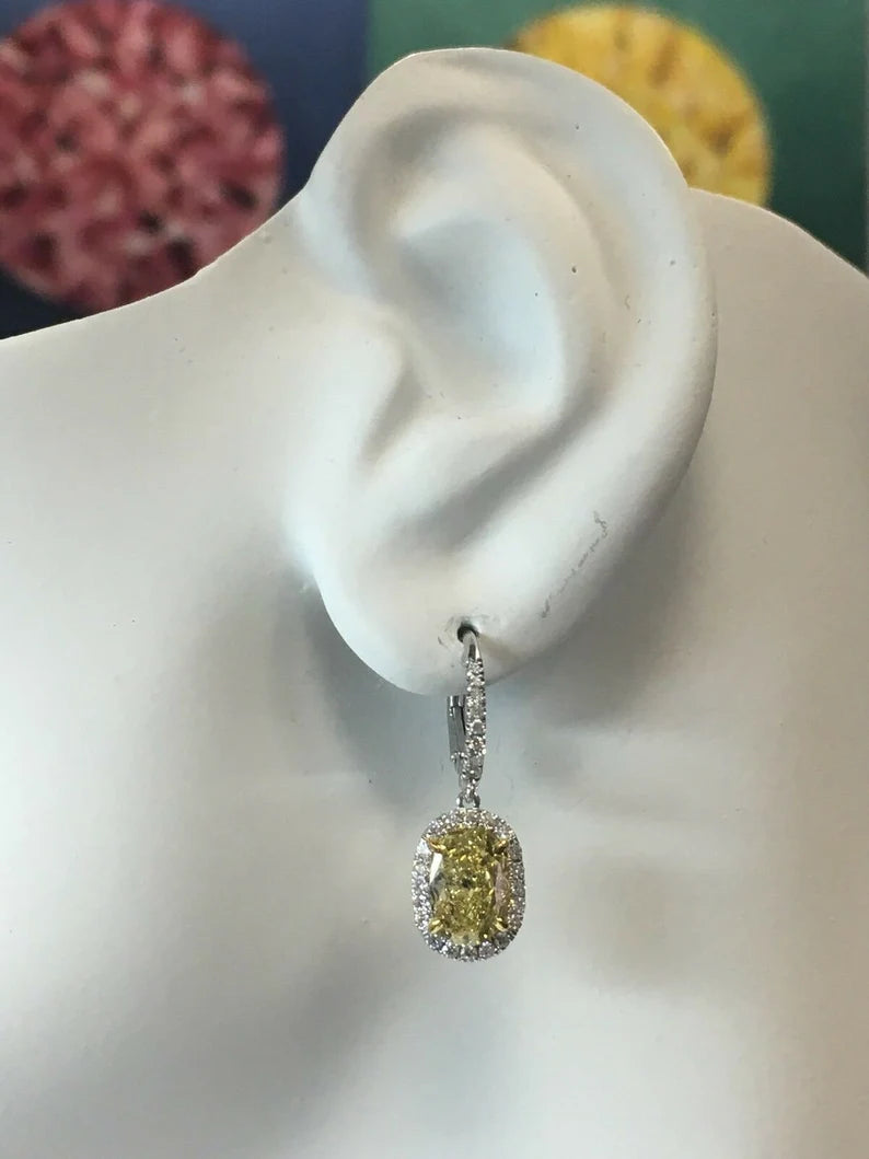 Modern 3.09 Carat Platinum GIA Certified Natural Intense Yellow Diamond Earrings