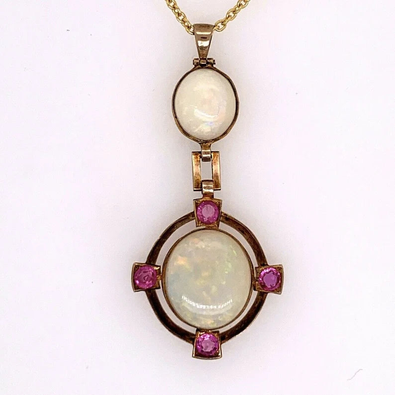 Retro Gold Pendant 10.50 Carat Natural White Cabochon Opal & Ruby Gem Circa 1950