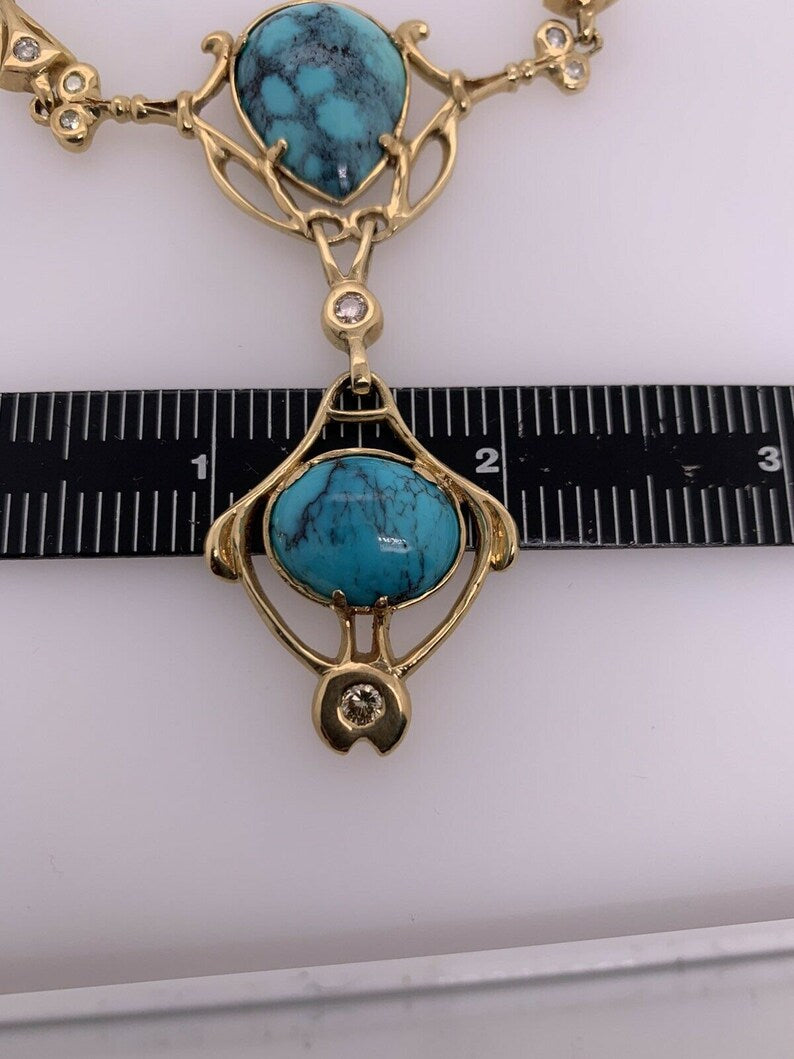 Retro Gold Natural Turquoise Gem & 0.65 Carat Round Diamond Necklace Circa 1950