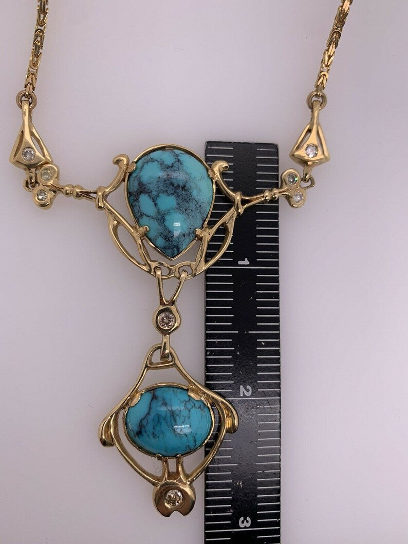 Retro Gold Natural Turquoise Gem & 0.65 Carat Round Diamond Necklace Circa 1950