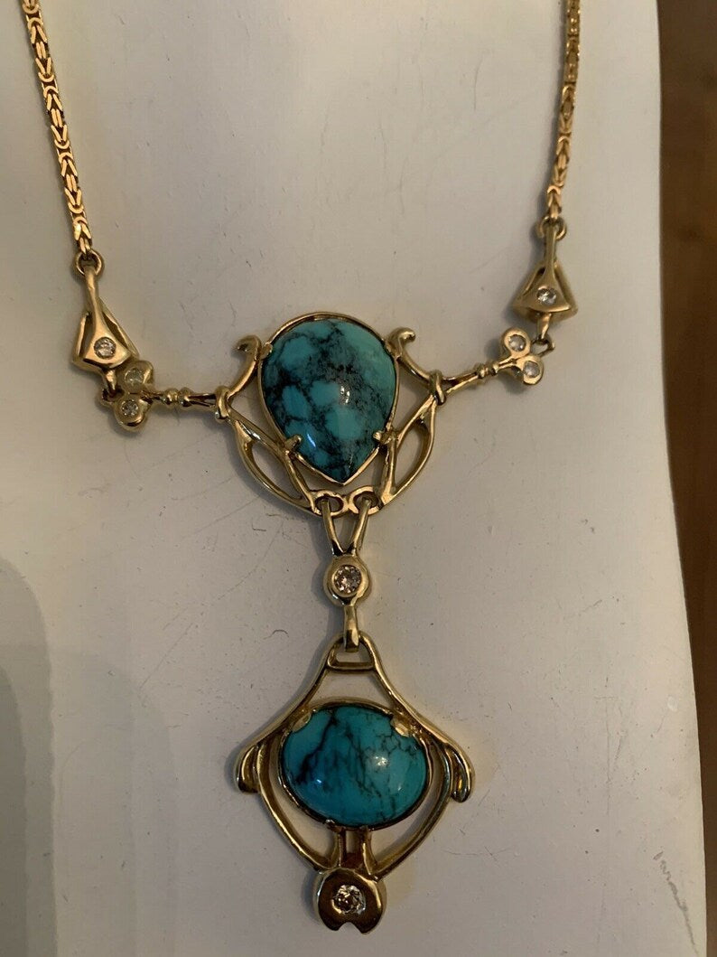 Retro Gold Natural Turquoise Gem & 0.65 Carat Round Diamond Necklace Circa 1950