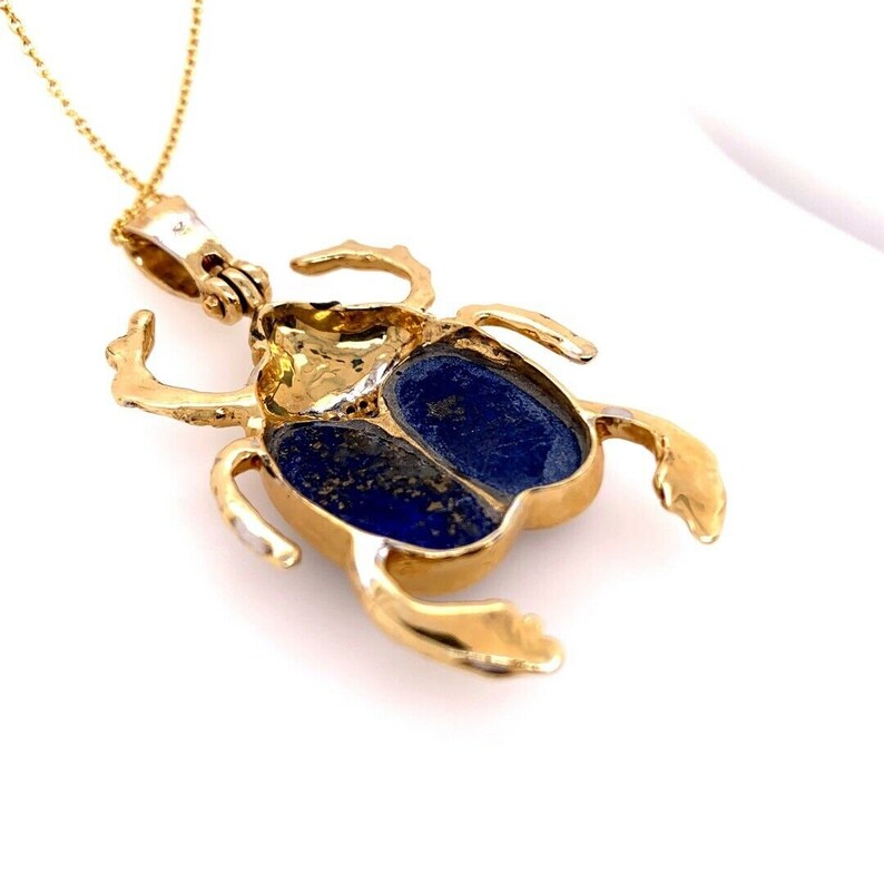 Retro Gold Beetle Pendant Natural Lapis Lazuli & 0.25 Carat Diamond Circa 1950