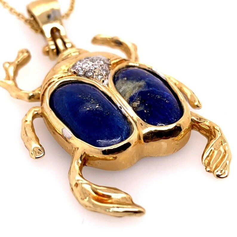 Retro Gold Beetle Pendant Natural Lapis Lazuli & 0.25 Carat Diamond Circa 1950
