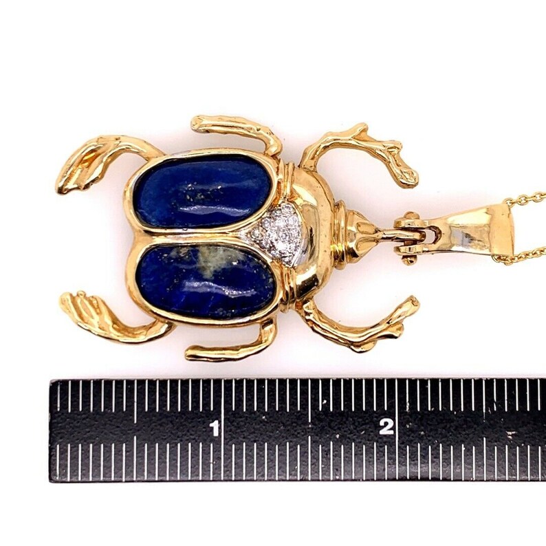 Retro Gold Beetle Pendant Natural Lapis Lazuli & 0.25 Carat Diamond Circa 1950