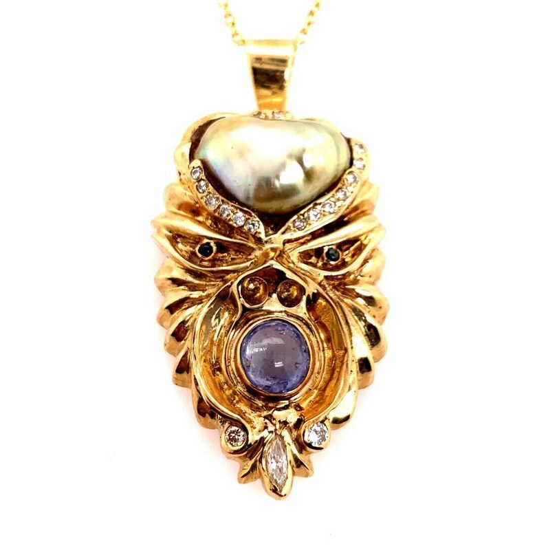 Retro Gold Warrior Head Natural Pearl, .30 Carat Diamond & Sapphire Pendant 1950