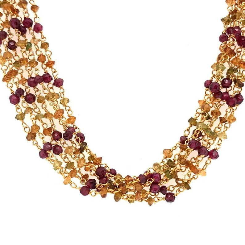 Modern Tanishq 22k Gold 31.31 Gram Necklace Earring Set Natural Colored Garnet