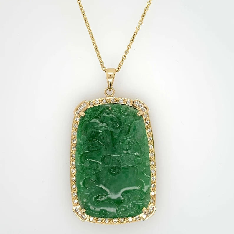 18k Gold Natural GIA Cert Jadeite "A" Jade Pendant 1ct Diamond Estate Gem Stone