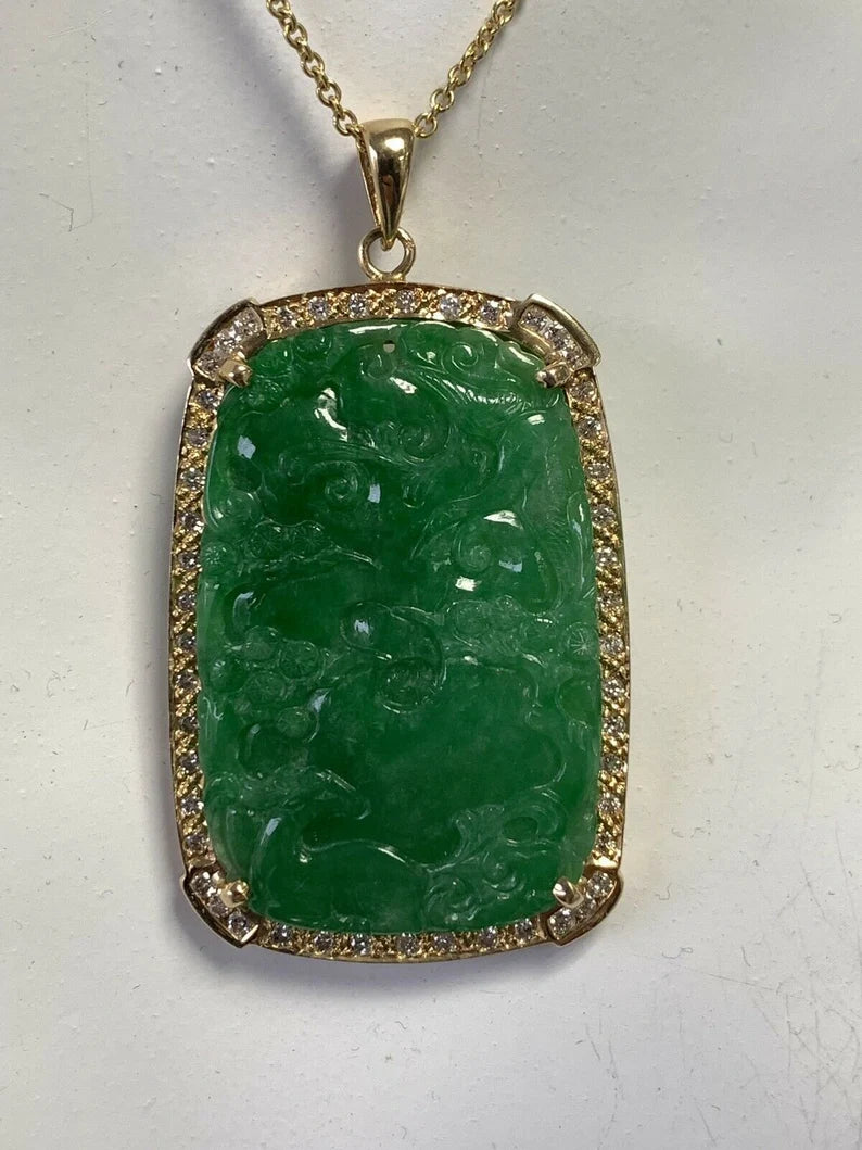 18k Gold Natural GIA Cert Jadeite "A" Jade Pendant 1ct Diamond Estate Gem Stone
