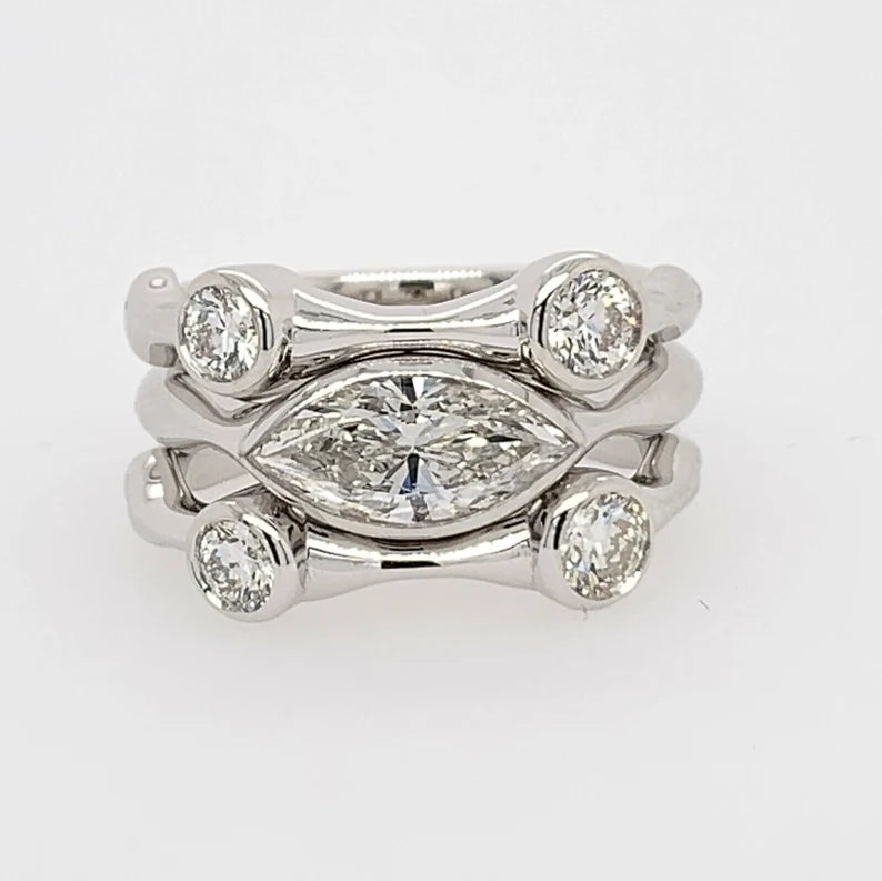 White Gold 1.63 Carat Natural Colorless Marquise & Round Diamond Stack Ring Set