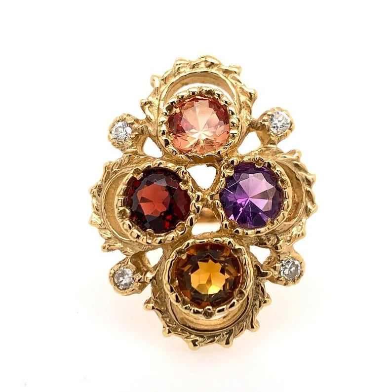Gold 3.25 Carat Natural Diamond Multi Color Gemstone Cocktail Ring Circa 1980