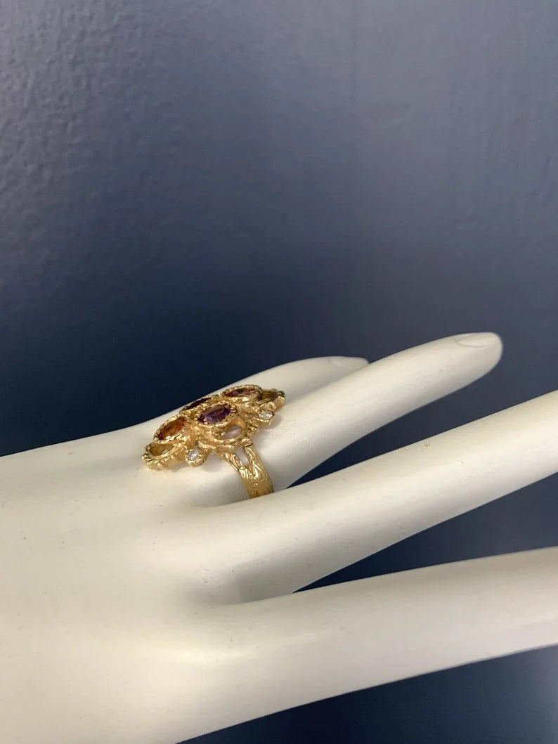 Gold 3.25 Carat Natural Diamond Multi Color Gemstone Cocktail Ring Circa 1980