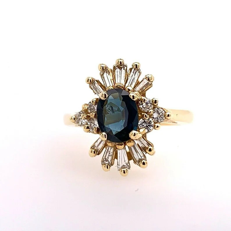 1.53 Carat Retro Gold Ring Natural Oval Deep Blue Sapphire & Diamond Circa 1980
