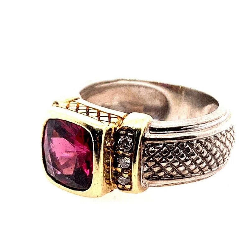 Judith Ripka Natural Diamond and 8mm Cushion Grape Garnet Cocktail Estate Ring