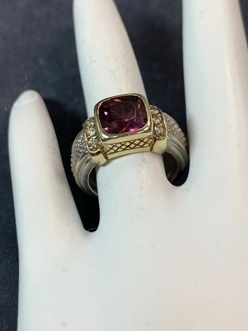 Judith Ripka Natural Diamond and 8mm Cushion Grape Garnet Cocktail Estate Ring