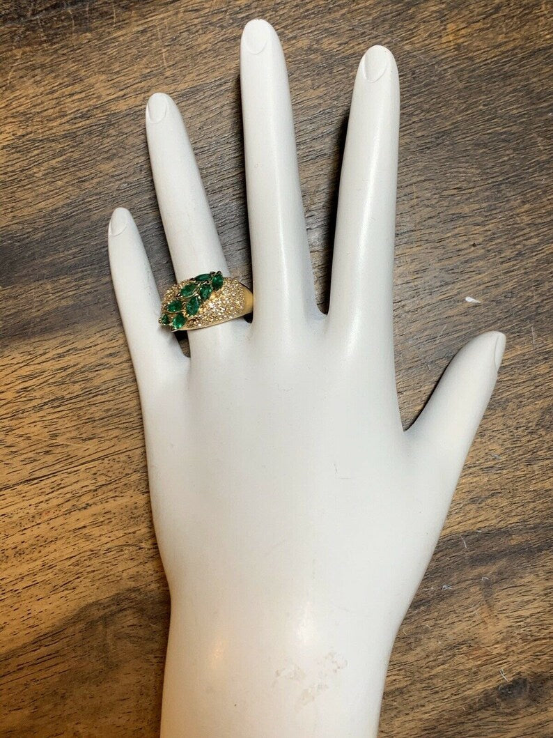 Retro Gold Cocktail Ring 1.8 Carat Natural Marquise Emerald & Diamond Circa 1960
