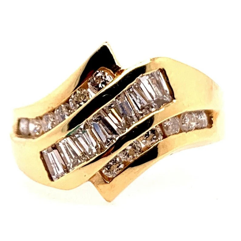 Retro Gold Cocktail 1.25 Carat Natural Diamond Ring Round & Baguette Circa 1960