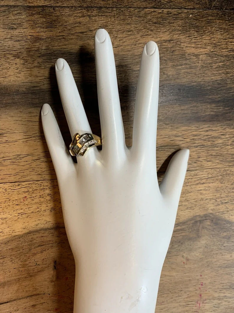 Retro Gold Cocktail 1.25 Carat Natural Diamond Ring Round & Baguette Circa 1960
