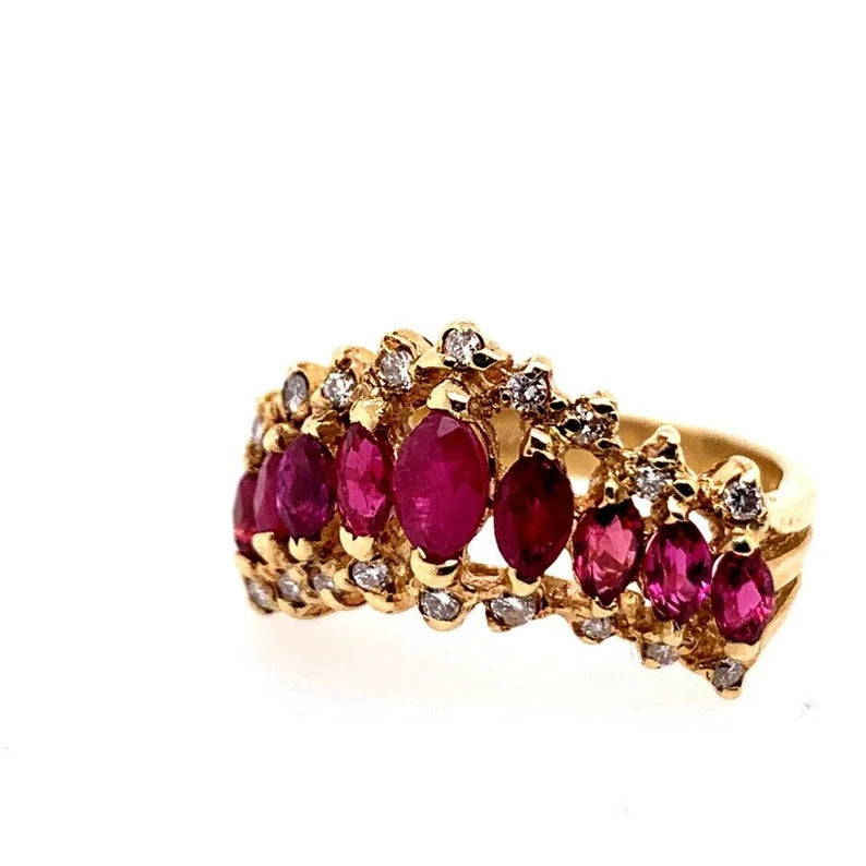 Retro Gold 1.15 Carat Natural Marquise Ruby & Diamond Cocktail Ring Circa 1960