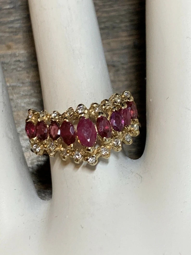 Retro Gold 1.15 Carat Natural Marquise Ruby & Diamond Cocktail Ring Circa 1960