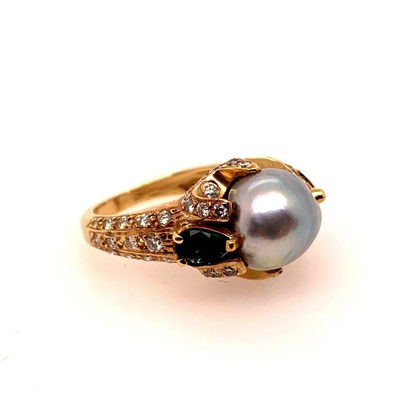 Retro Gold 3 Carat Cocktail Ring Natural Diamonds, Sapphire & Pearl Circa 1960