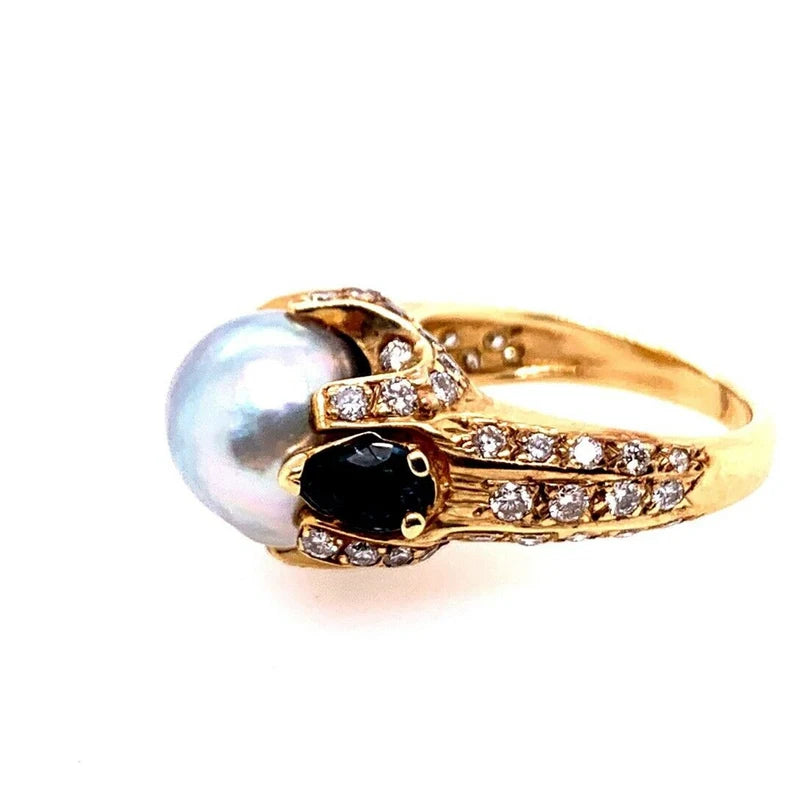 Retro Gold 3 Carat Cocktail Ring Natural Diamonds, Sapphire & Pearl Circa 1960