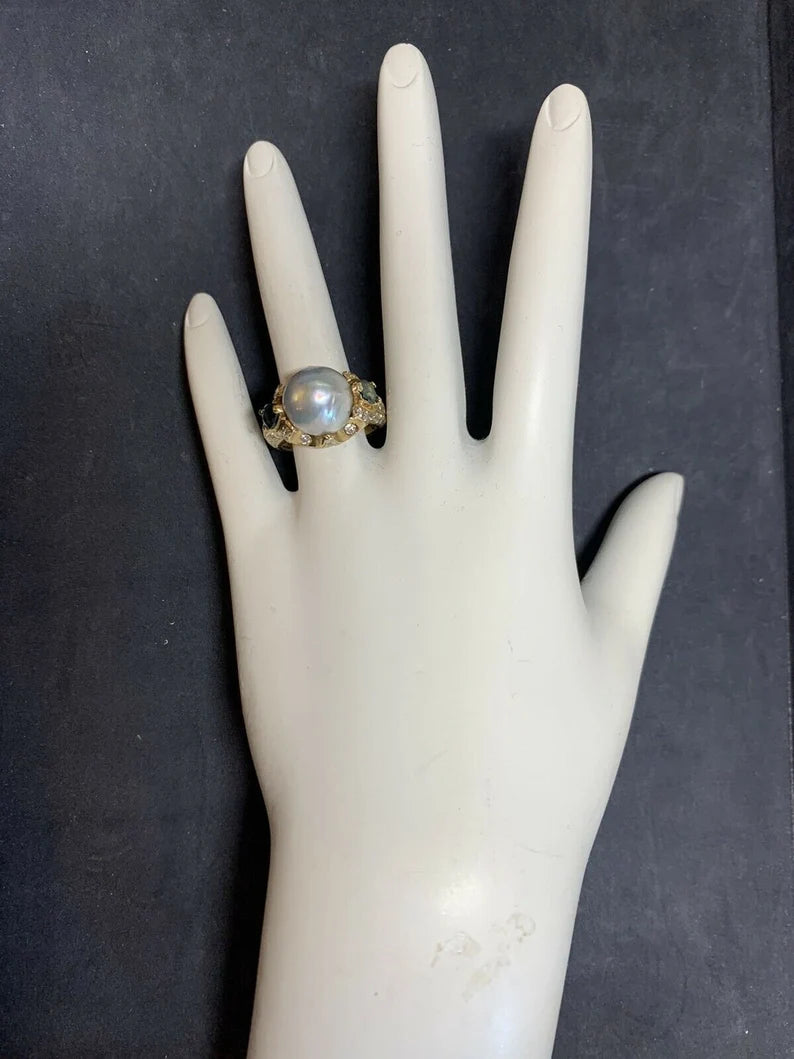 Retro Gold 3 Carat Cocktail Ring Natural Diamonds, Sapphire & Pearl Circa 1960