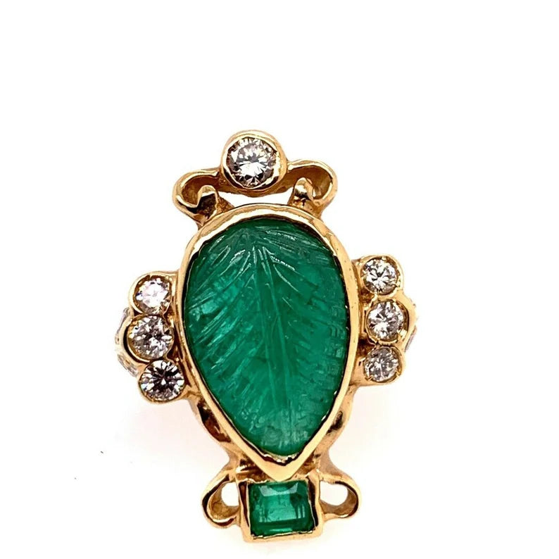 Retro Gold Ring 6 Carat Natural Carved Emerald, Diamond Cocktail Ring Circa 1950