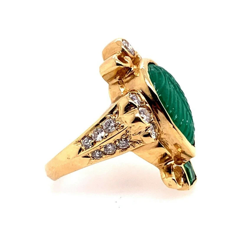 Retro Gold Ring 6 Carat Natural Carved Emerald, Diamond Cocktail Ring Circa 1950