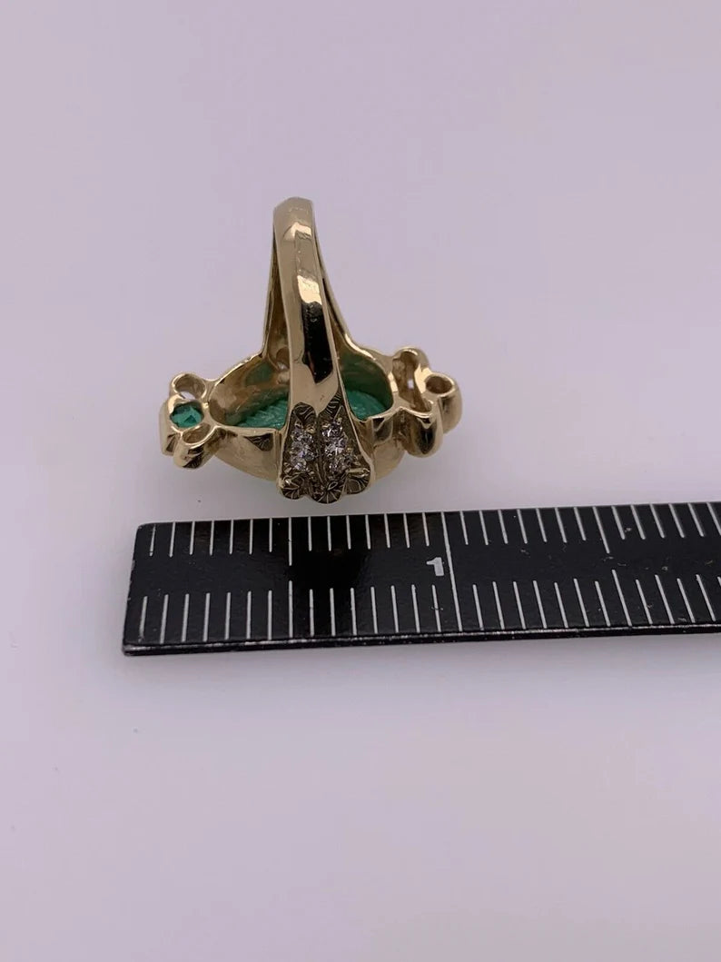 Retro Gold Ring 6 Carat Natural Carved Emerald, Diamond Cocktail Ring Circa 1950