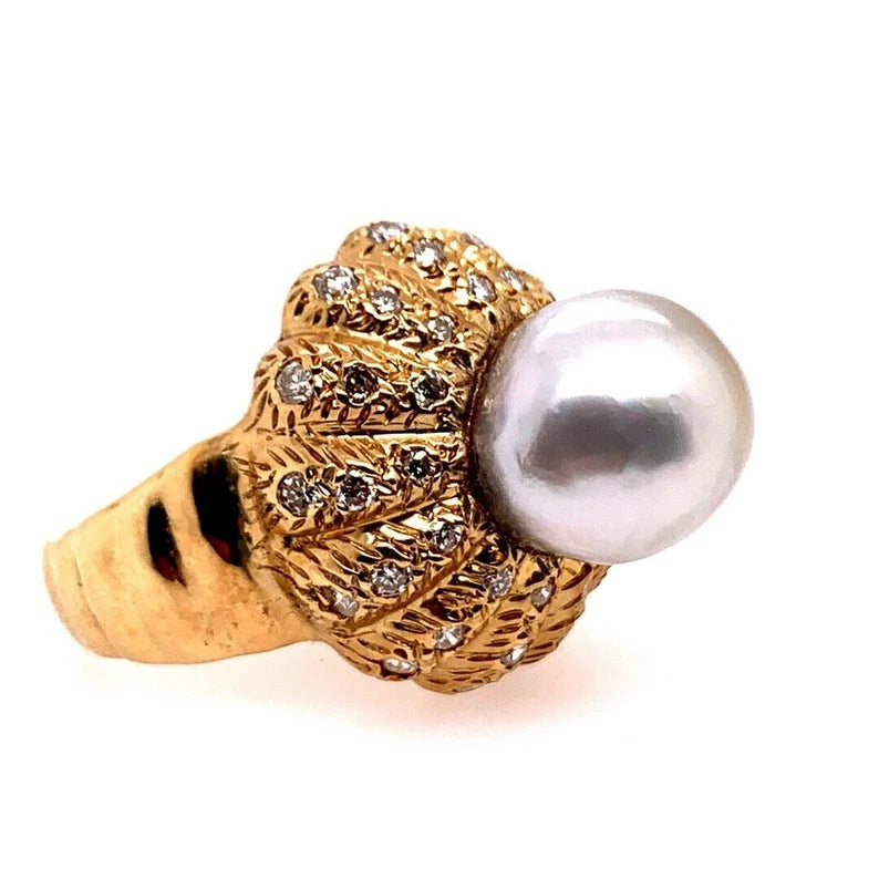 Retro Gold Natural Pearl & 0.81 Carat Colorless Diamond Cocktail Ring Circa 1950