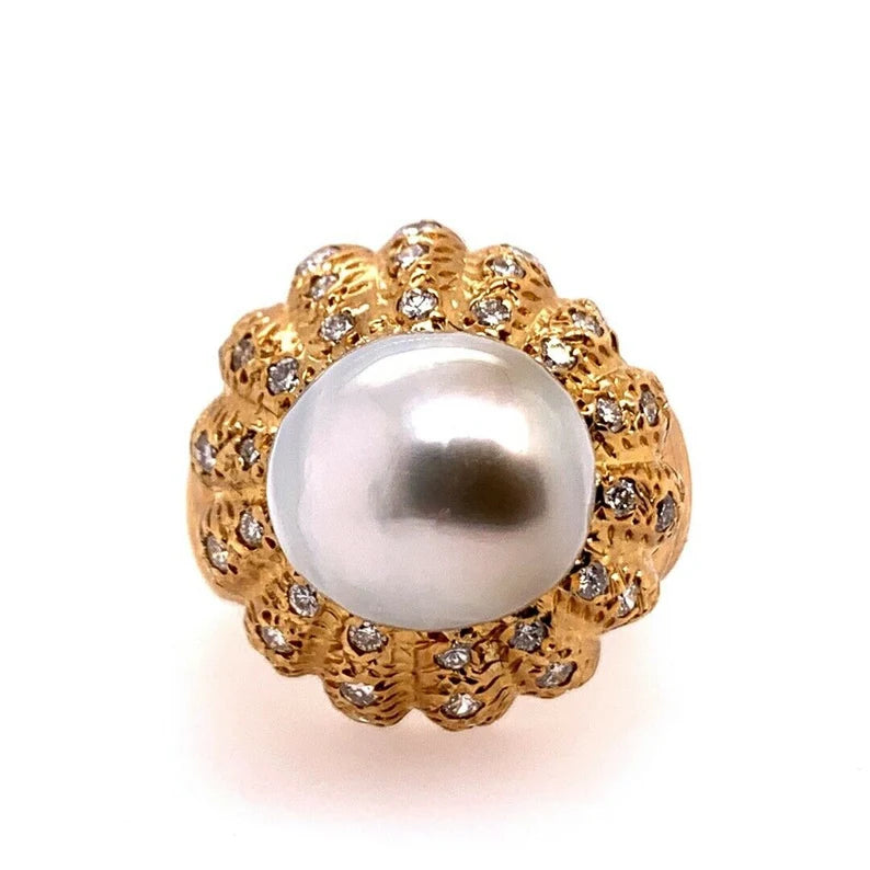 Retro Gold Natural Pearl & 0.81 Carat Colorless Diamond Cocktail Ring Circa 1950