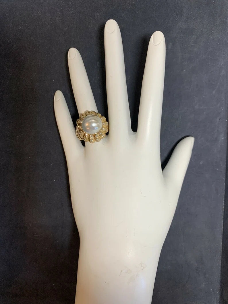 Retro Gold Natural Pearl & 0.81 Carat Colorless Diamond Cocktail Ring Circa 1950