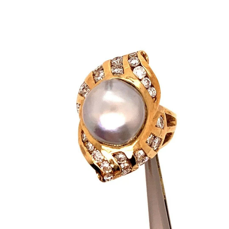 Retro Gold Cocktail Ring 1.38 Carat Natural Colorless Diamond & 11mm Pearl 1950