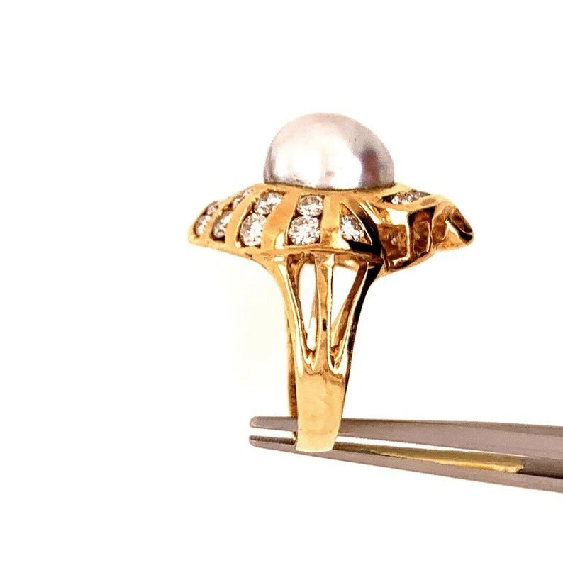 Retro Gold Cocktail Ring 1.38 Carat Natural Colorless Diamond & 11mm Pearl 1950