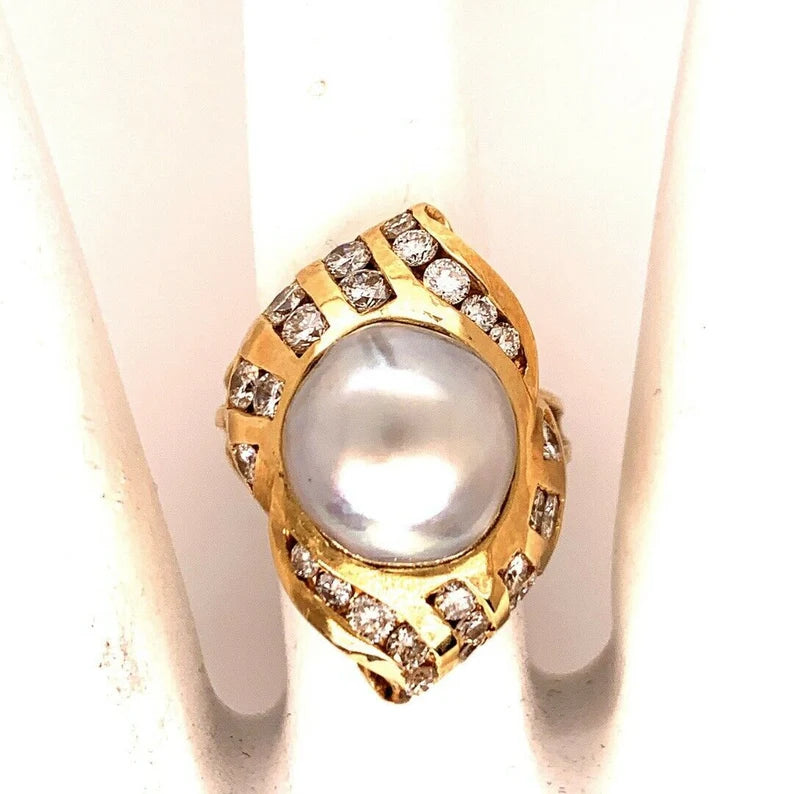 Retro Gold Cocktail Ring 1.38 Carat Natural Colorless Diamond & 11mm Pearl 1950