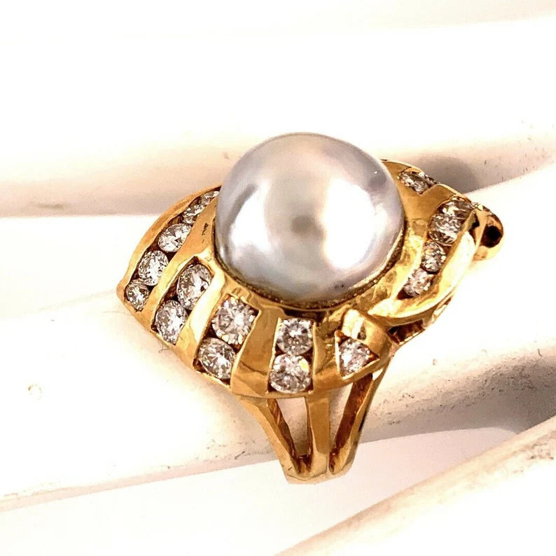 Retro Gold Cocktail Ring 1.38 Carat Natural Colorless Diamond & 11mm Pearl 1950