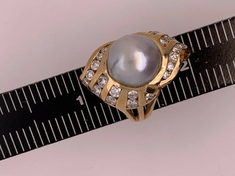 Retro Gold Cocktail Ring 1.38 Carat Natural Colorless Diamond & 11mm Pearl 1950