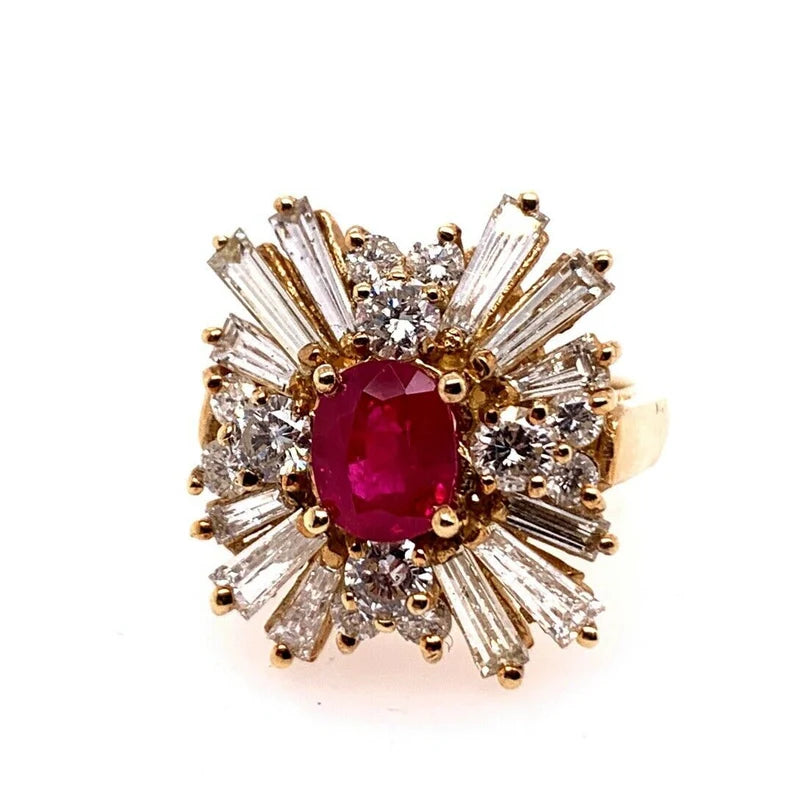 Retro Gold Cocktail Ring 4.5 Carat Natural Ruby & Baguette Diamond Circa 1960
