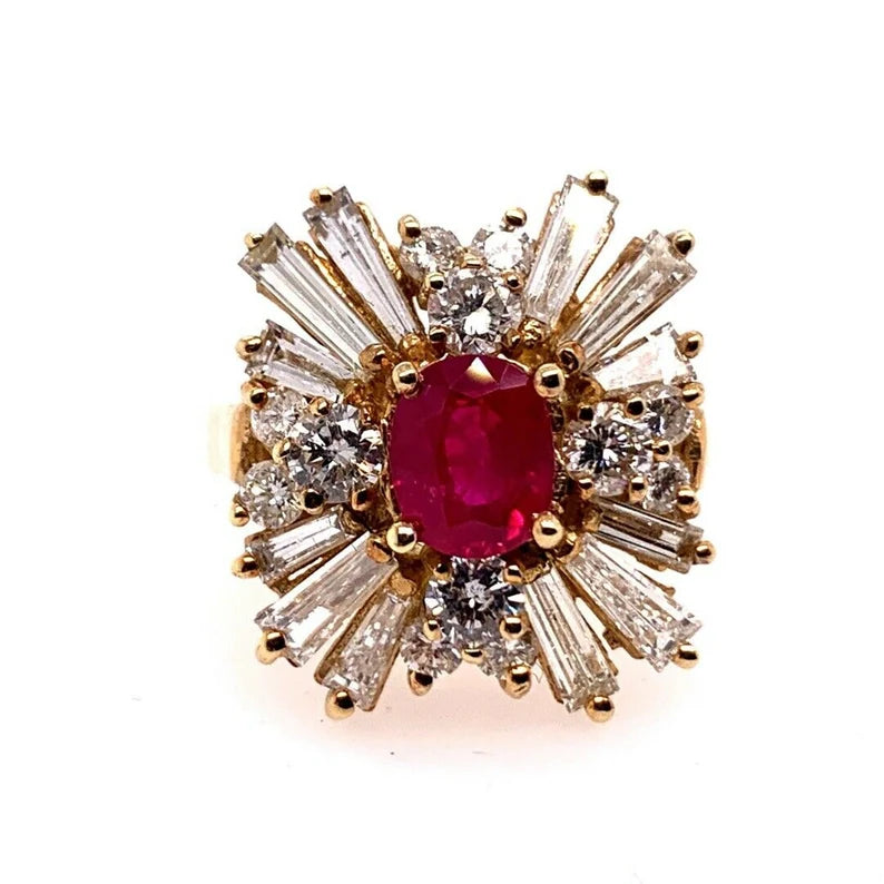 Retro Gold Cocktail Ring 4.5 Carat Natural Ruby & Baguette Diamond Circa 1960
