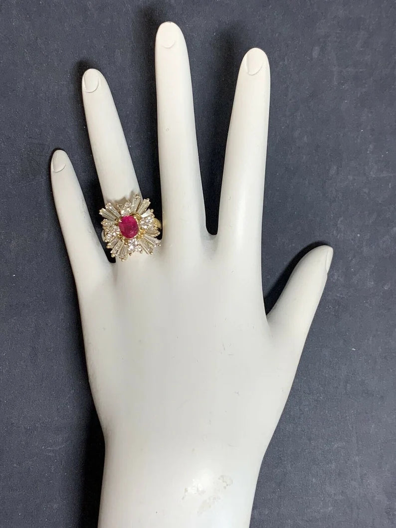 Retro Gold Cocktail Ring 4.5 Carat Natural Ruby & Baguette Diamond Circa 1960