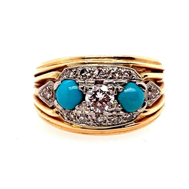 Retro Birks Gold Cocktail Ring 0.45 Carat Natural Diamond & Turquoise Circa 1960