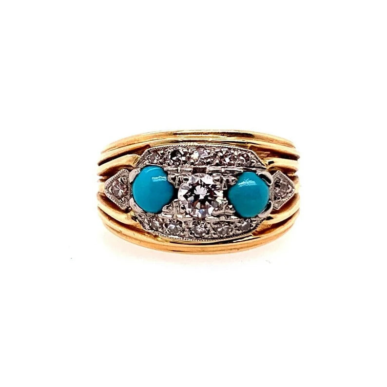 Retro Birks Gold Cocktail Ring 0.45 Carat Natural Diamond & Turquoise Circa 1960
