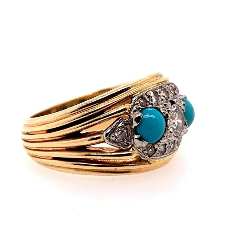 Retro Birks Gold Cocktail Ring 0.45 Carat Natural Diamond & Turquoise Circa 1960