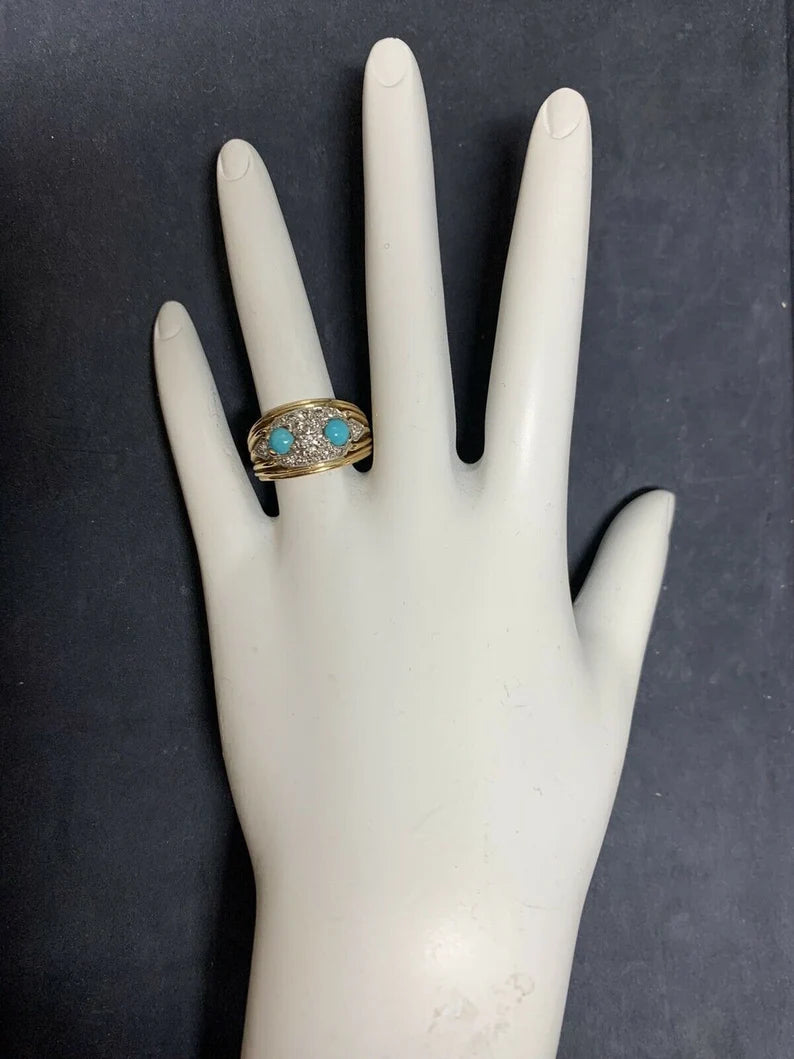Retro Birks Gold Cocktail Ring 0.45 Carat Natural Diamond & Turquoise Circa 1960